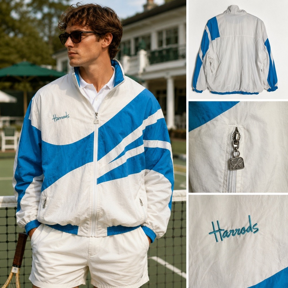 Vintage 90s Harrods Tennis Club Windbreaker Jacket White Blue Full Zip Mens L
